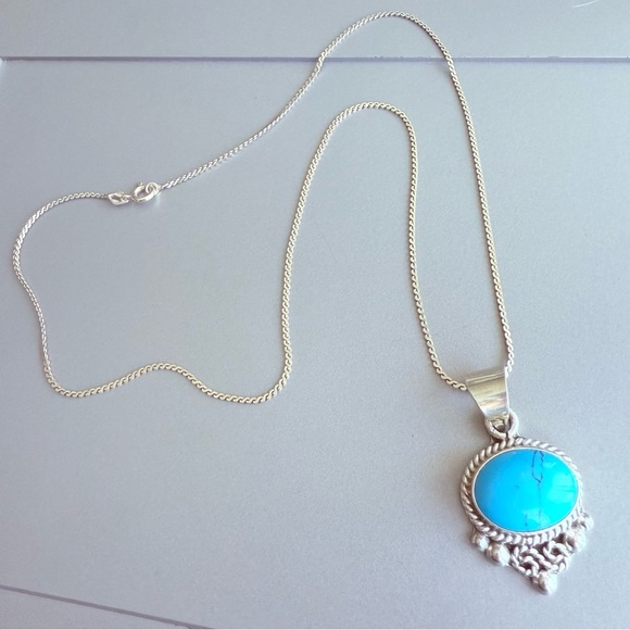 Taxco Mexico Turquoise Cable Rope Doted Design Pendant Necklace, Sterlin… - Picture 4 of 8